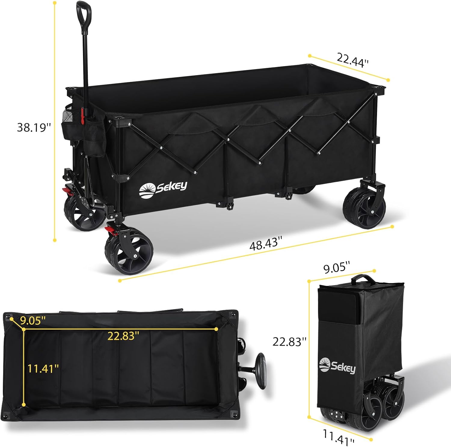Sekey Carro plegable plegable de 48 pulgadas de largo con capacidad de peso de 420 libras, carro de jardín plegable de 300 litros de servicio pesado con ruedas de playa grandes todo terreno y soportes