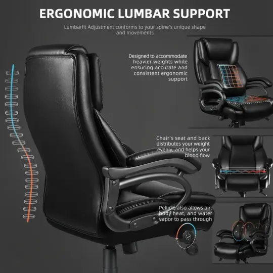 Silla de Oficina Ergonómica de Tamaño Grande 500lbs de Alta Resistencia - Asiento Ejecutivo de Respaldo Alto con Soporte Lumbar, Ruedas de Goma Silenciosas y Diseño Alto y Ancho para Alivio del Dolor de Espalda Baja