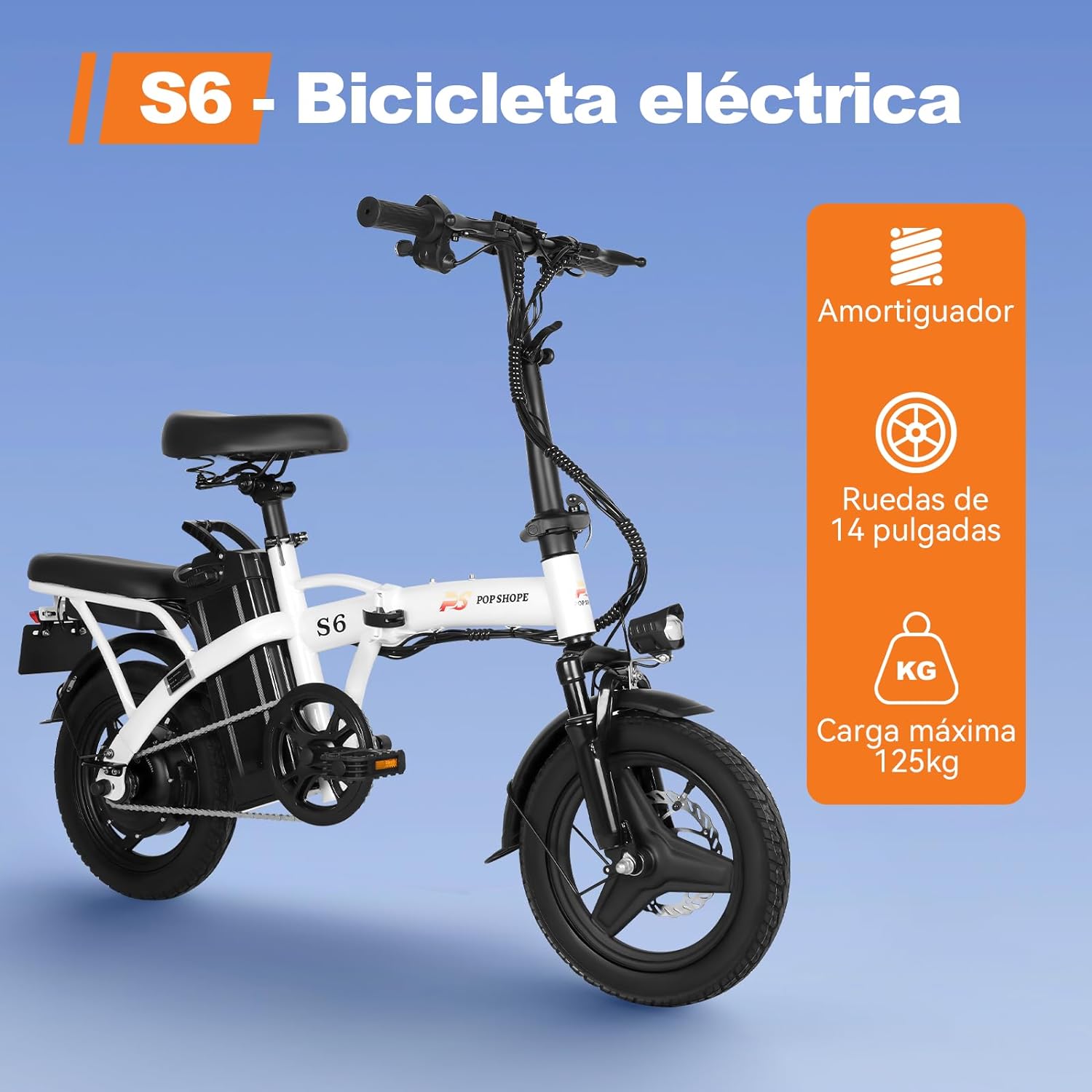 Pop Shope S6 Bicicleta Eléctrica Plegable para Adultos, Velocidad Máxima 35KM/H, Potencia Máxima del Motor 750W, Autonomía 35KM, Batería 48V/10.4AH