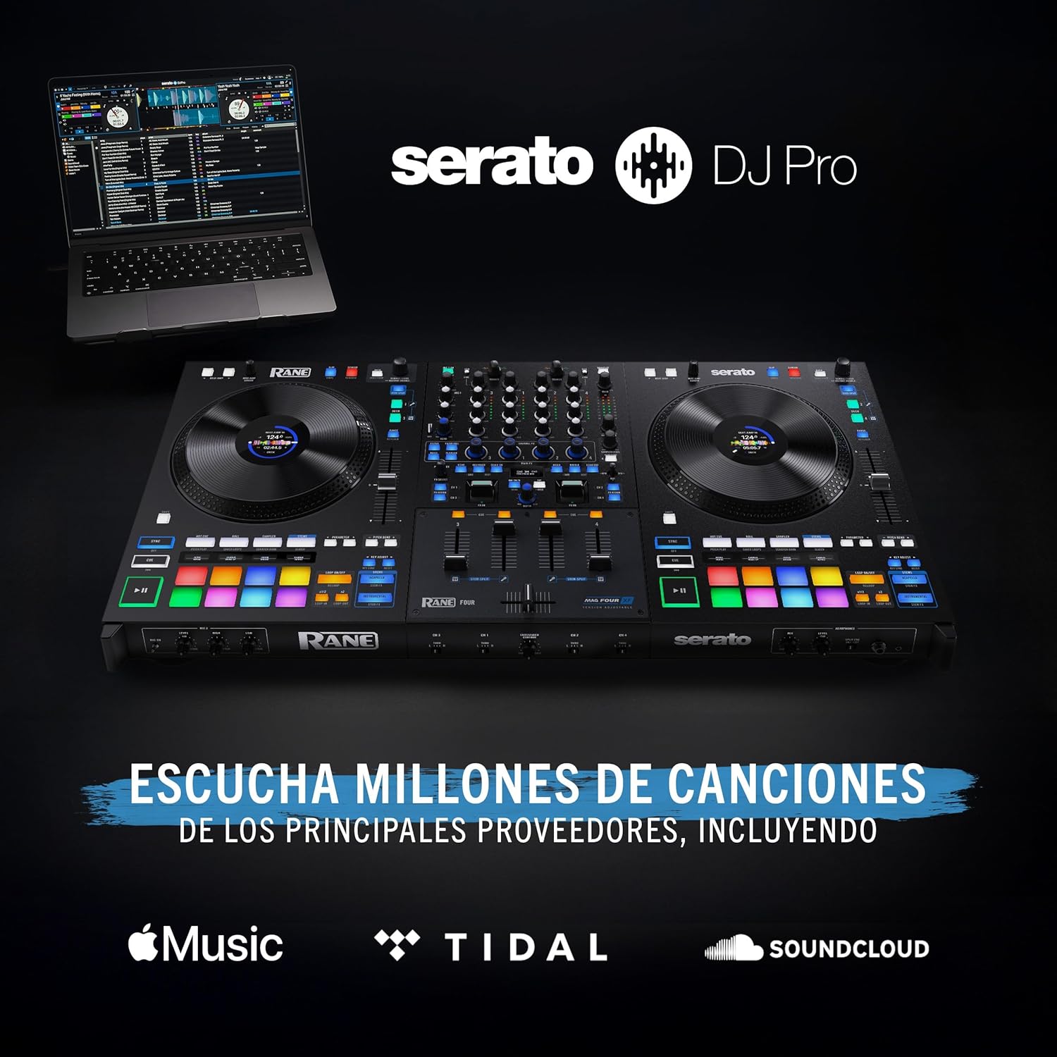 Rane FOUR Controlador DJ Stems Avanzado, 4 Canales - Jog Wheels de 8.5" + Displays, Mezclador DJ con FX Internos, Serato DJ Pro + Pitch 'n Time DJ