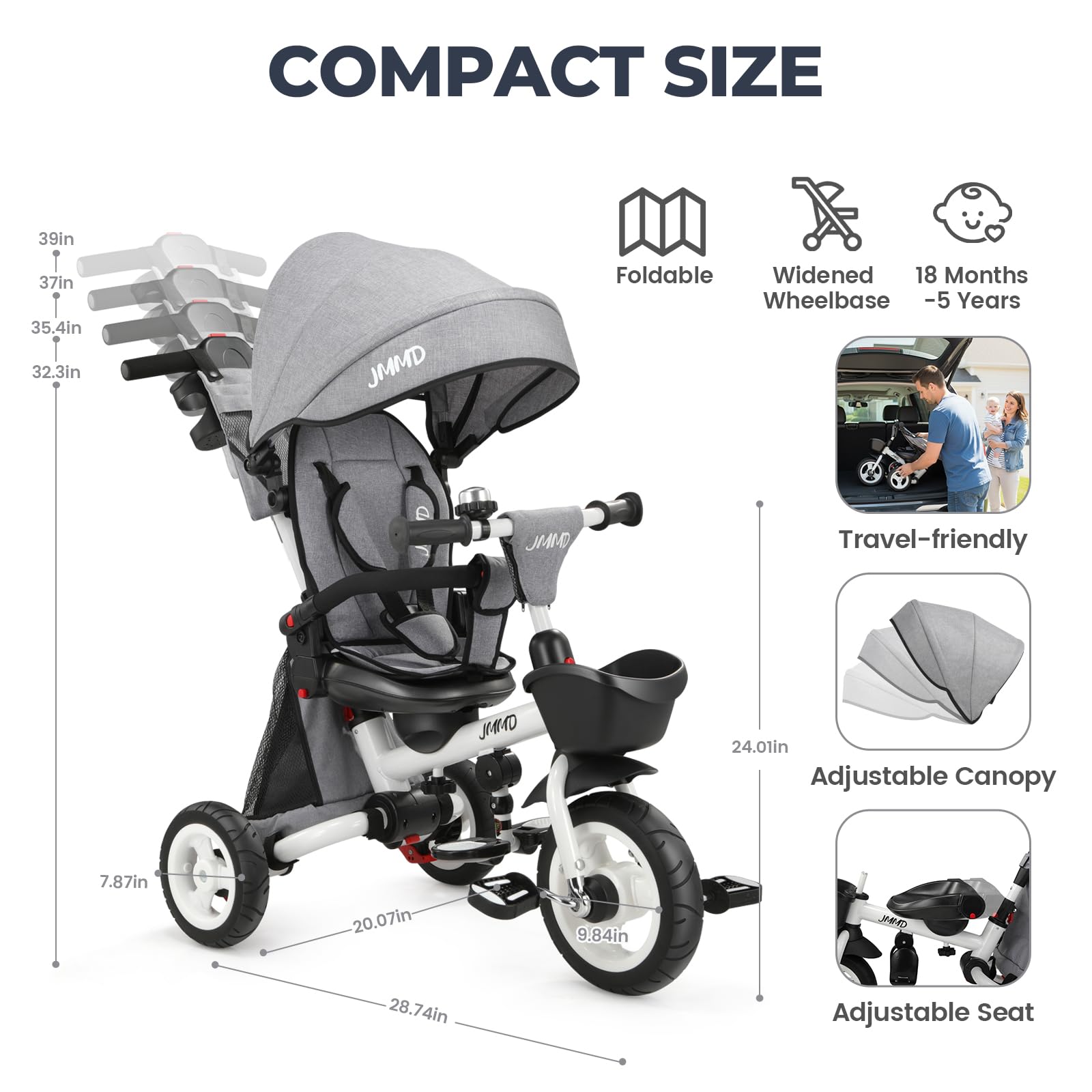 👨‍👩‍👧☀️JMMD Triciclo para bebé, 7 en 1 plegable para niños con mango ajustable para padres, arnés de seguridad y frenos de rueda, toldo extraíble, almacenamiento, carriola de bebé, regalo para niños pequeños de 18 meses a 5 años (verde)