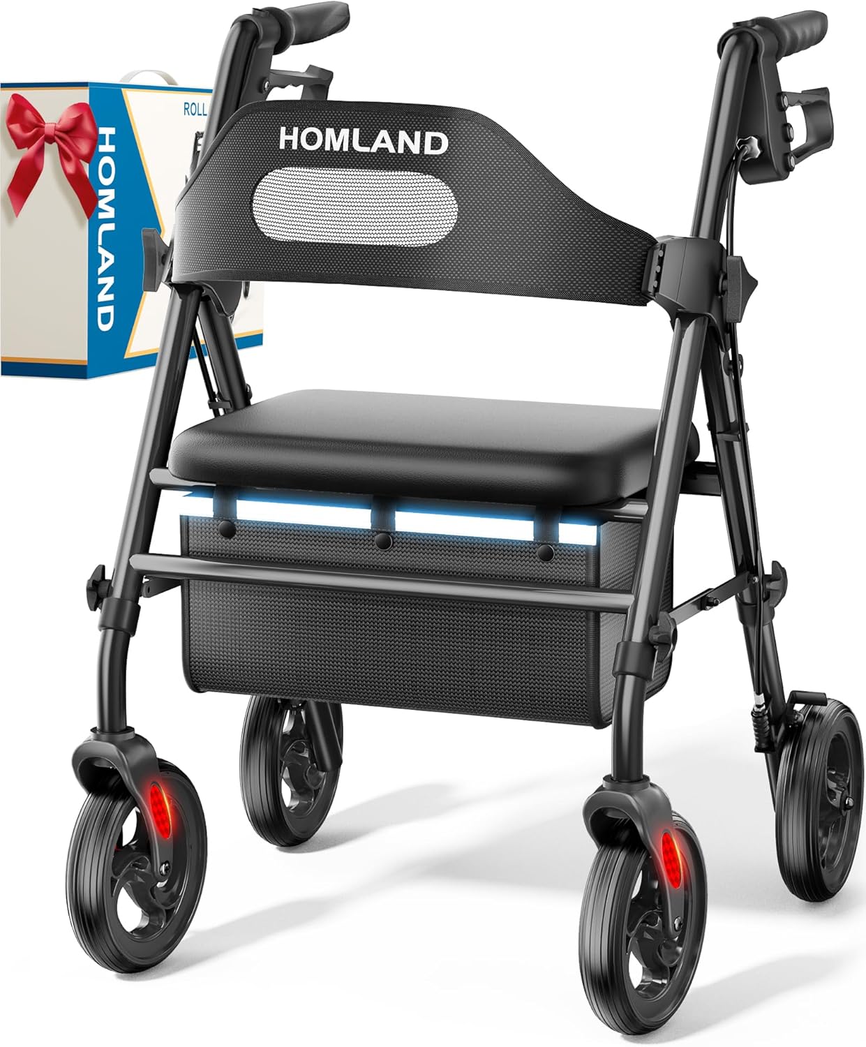 HOMLAND - Caminadores plegables con asiento para personas mayores, ruedas grandes de 8 pulgadas, 350 libras. Capacidad de peso, asas ajustables y altura del asiento, ligero caminante, color azul