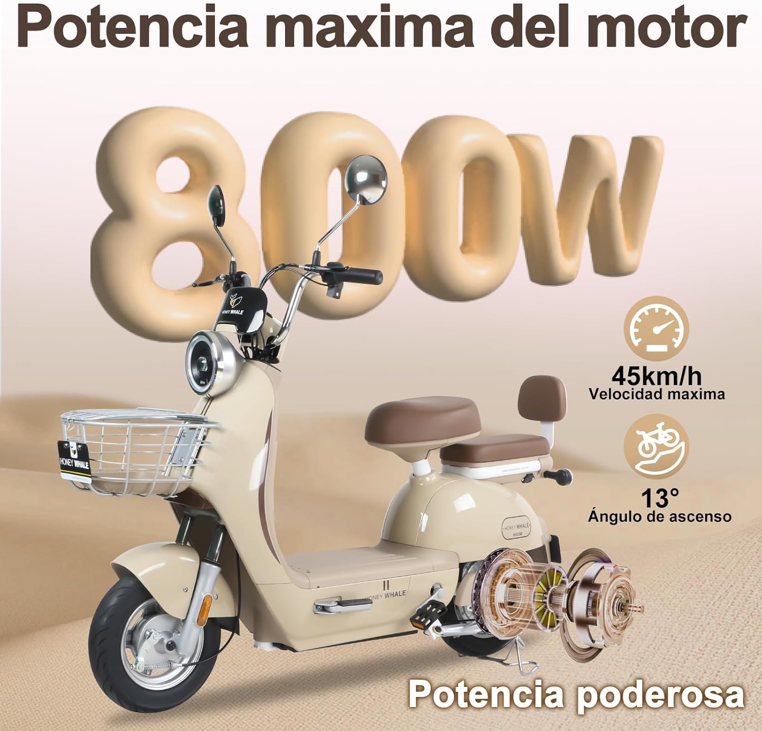 HONEYWHALE UNA Bicicleta Electrica para Adultos, Moto Electrica con Alarma, Potencia Motor MAX 800W, Velocidad MAX 45KM/H, Autonomía 60KM, Bateria 20AH de Gran Capacidad
