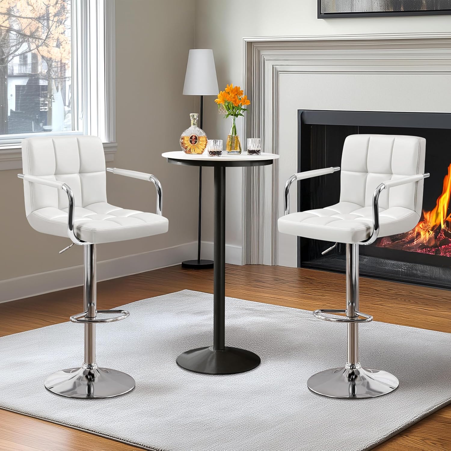 Juego de 2 taburetes de Bar giratorios Ajustables de Piel sintética, sillas hidráulicas de Barra con reposabrazos y Respaldo para Bar, Cocina, Comedor, Color Blanco