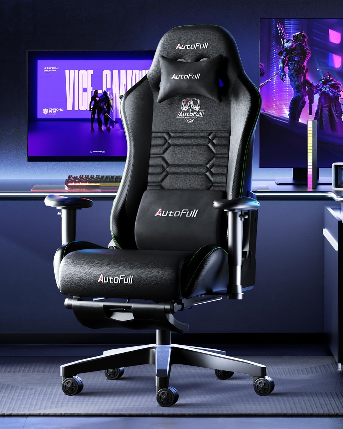 AutoFull C3 Silla Gaming, Silla de Carreras con Soporte Lumbar Ergonómico, Respaldo Alto Ajustable y Reposapiés en Cuero PU para Computadora,Negro