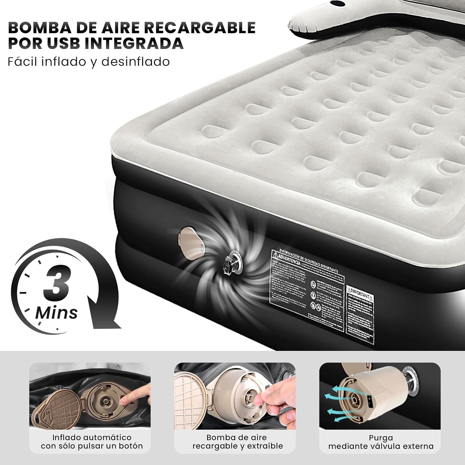 HEEDU Colchón de Aire Inflable con Cabecero, Bomba de Aire Eléctrica Inalámbrica, 2 Almohada Inflable, Inflado Rápido Automático, Cama Inflable Queen para Hogar, Viajes y Camping