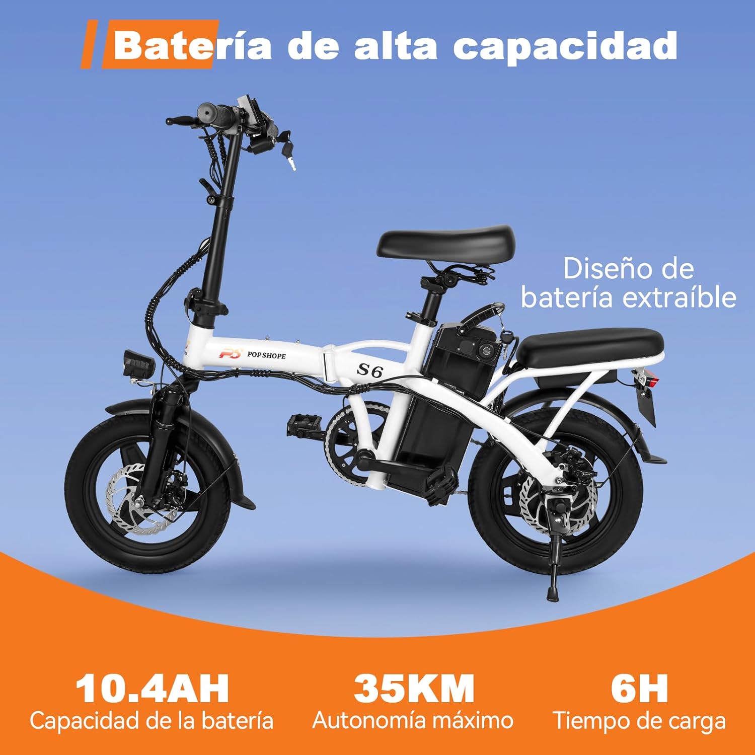 Pop Shope S6 Bicicleta Eléctrica Plegable para Adultos, Velocidad Máxima 35KM/H, Potencia Máxima del Motor 750W, Autonomía 35KM, Batería 48V/10.4AH