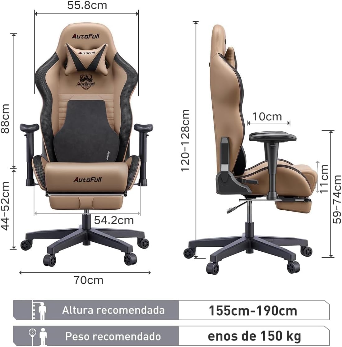 AutoFull C3 Silla Gaming, Silla de Carreras con Soporte Lumbar Ergonómico, Respaldo Alto Ajustable y Reposapiés en Cuero PU para Computadora,Negro