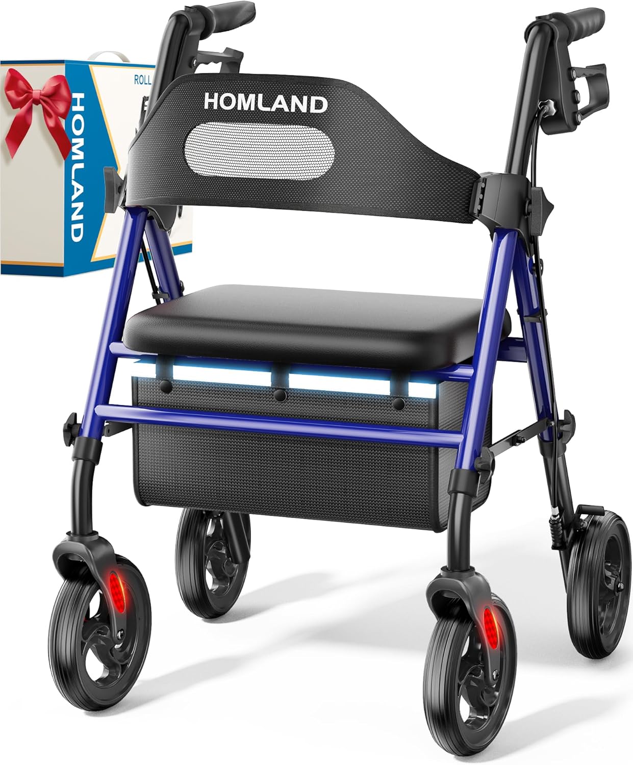 HOMLAND - Caminadores plegables con asiento para personas mayores, ruedas grandes de 8 pulgadas, 350 libras. Capacidad de peso, asas ajustables y altura del asiento, ligero caminante, color azul