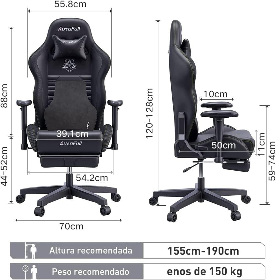 AutoFull C3 Silla Gaming, Silla de Carreras con Soporte Lumbar Ergonómico, Respaldo Alto Ajustable y Reposapiés en Cuero PU para Computadora,Negro