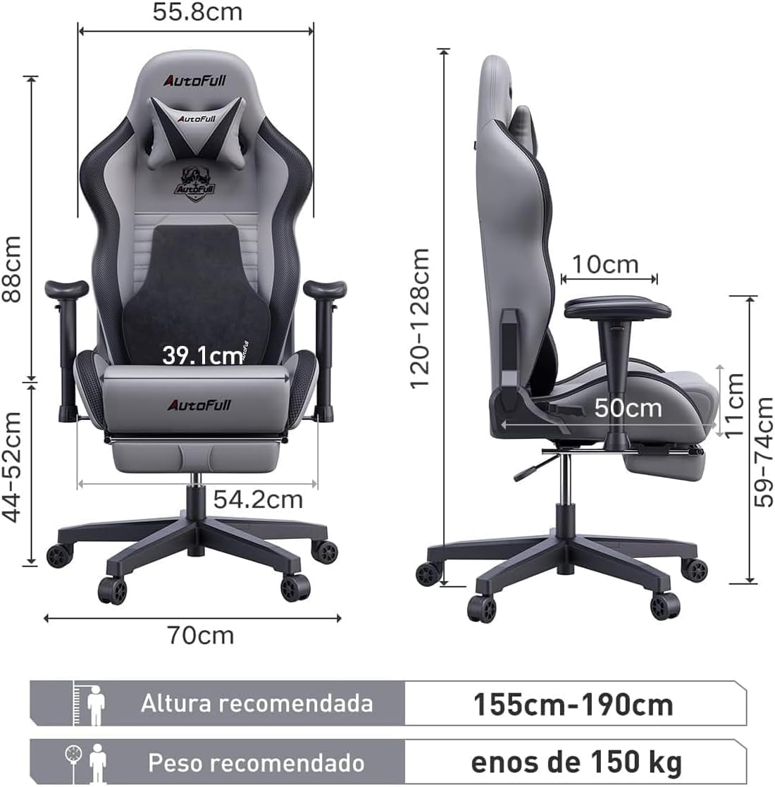 AutoFull C3 Silla Gaming, Silla de Carreras con Soporte Lumbar Ergonómico, Respaldo Alto Ajustable y Reposapiés en Cuero PU para Computadora,Negro
