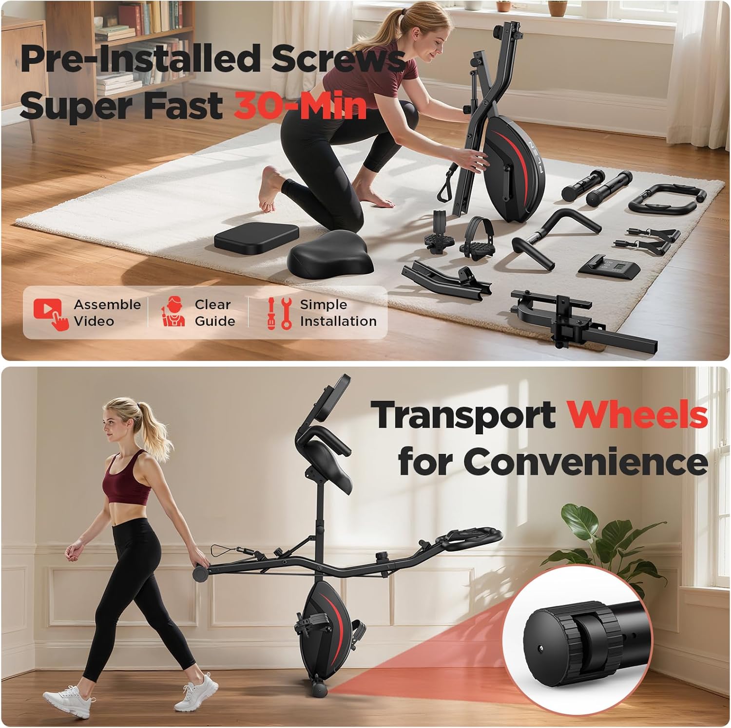 Pleny Folding Exercise Bike, 5 IN 1 Stationary Bike 5.5 LBS Flywheel Exercise Bike, Indoor Workout Bike 330LB Weight Capacity Back Support Cushion for Home Gym Workout