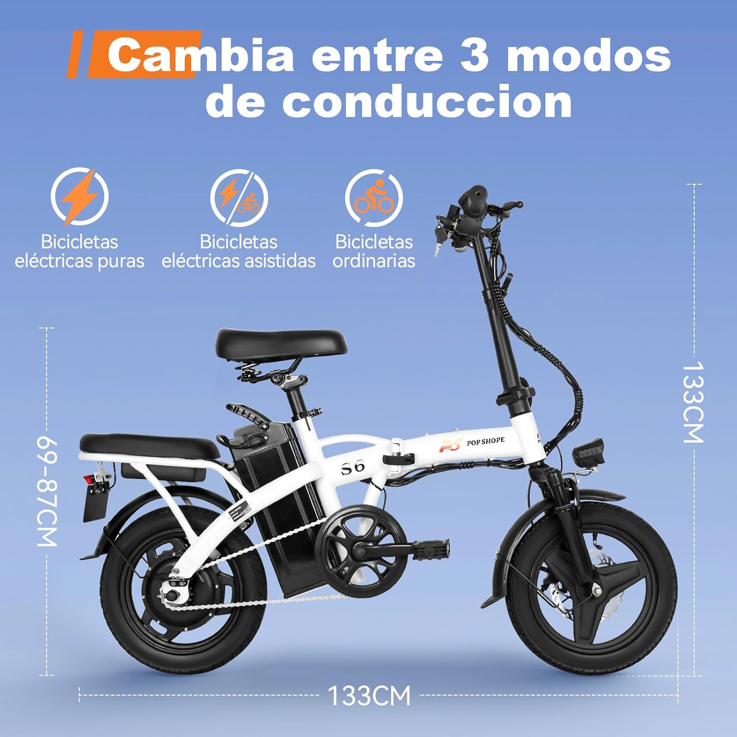 Pop Shope S6 Bicicleta Eléctrica Plegable para Adultos, Velocidad Máxima 35KM/H, Potencia Máxima del Motor 750W, Autonomía 35KM, Batería 48V/10.4AH