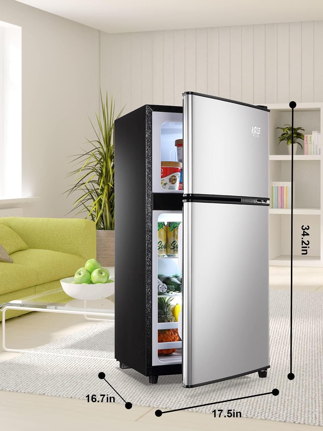 ❄️ KRIB BLING Refrigerador Compacto 3.5 Pies Cúbicos con Congelador Integrado, Doble Puerta, Termostato Ajustable 7 Niveles, Ahorro de Energía, Color Plateado