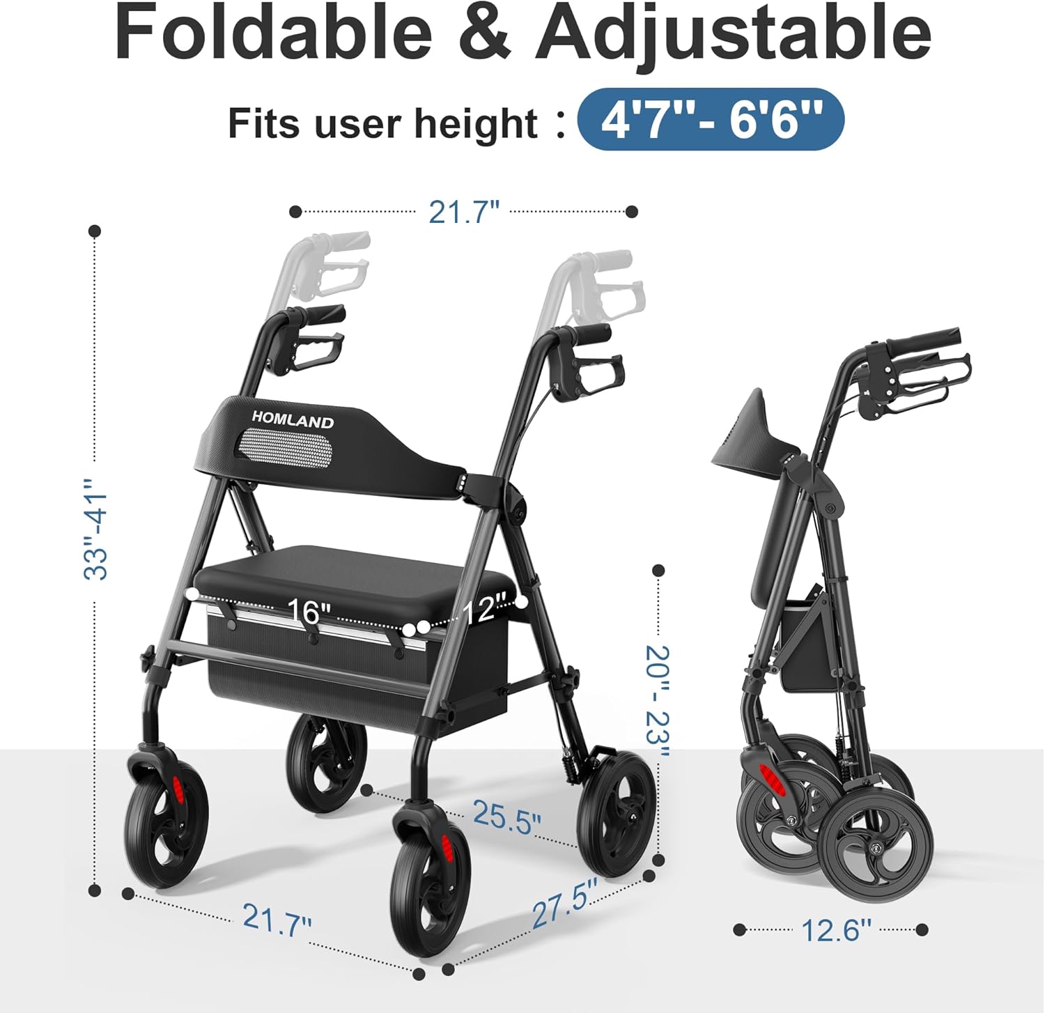 HOMLAND - Caminadores plegables con asiento para personas mayores, ruedas grandes de 8 pulgadas, 350 libras. Capacidad de peso, asas ajustables y altura del asiento, ligero caminante, color azul