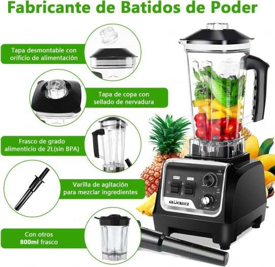 Glückluz Licuadora Profesional Uso Rudo 1800W 2L+Adicional 800ml, Doméstico Comercial Industrial Batidora de Verduras Extractor de Velocidad Ajustable y Hielo Picado a Fondo Extractora