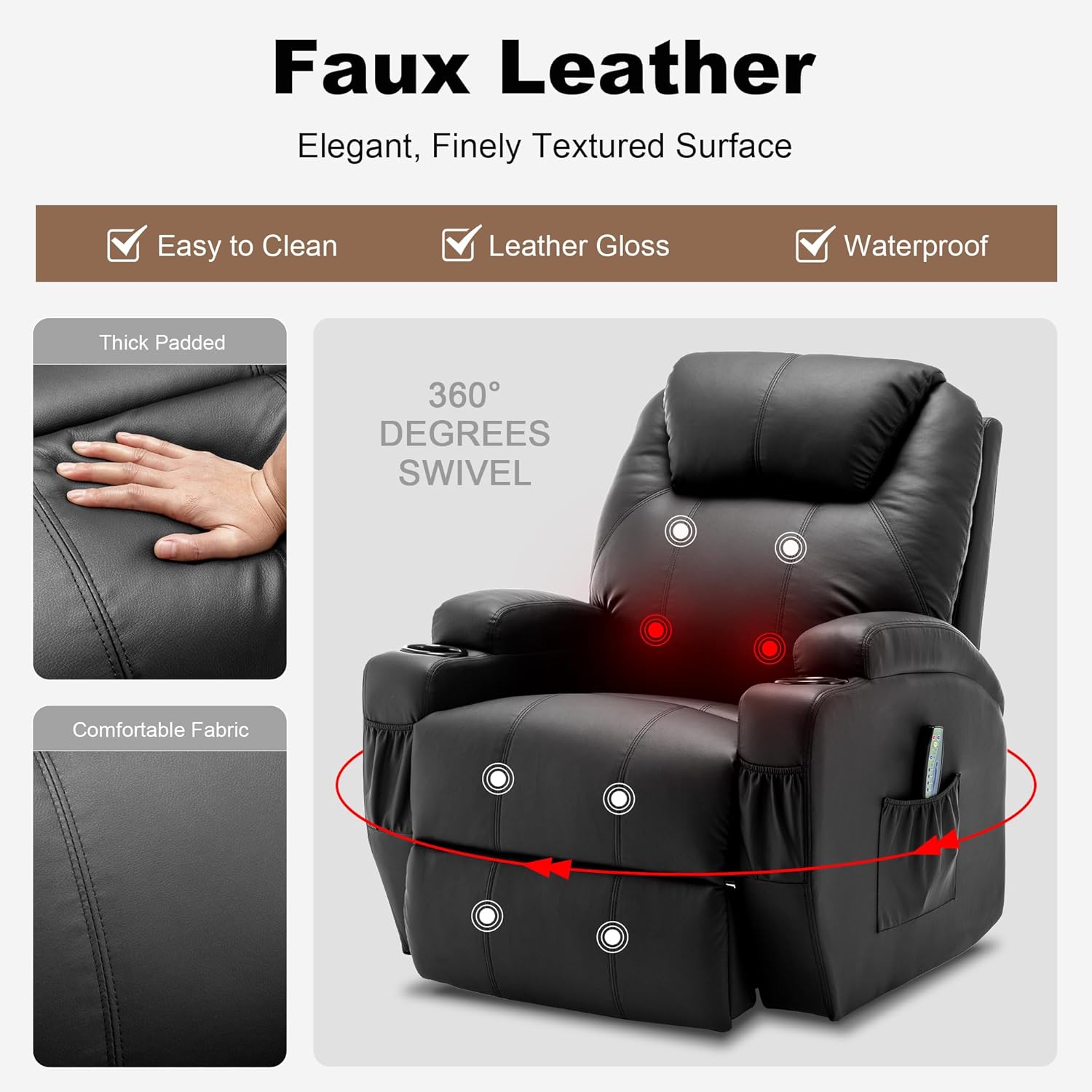 Korser Silla reclinable con masaje y calor, sillas reclinables giratorias de 360° para adultos, reclinables manuales con control remoto y soporte para tazas para sala de estar, recámara, guardería