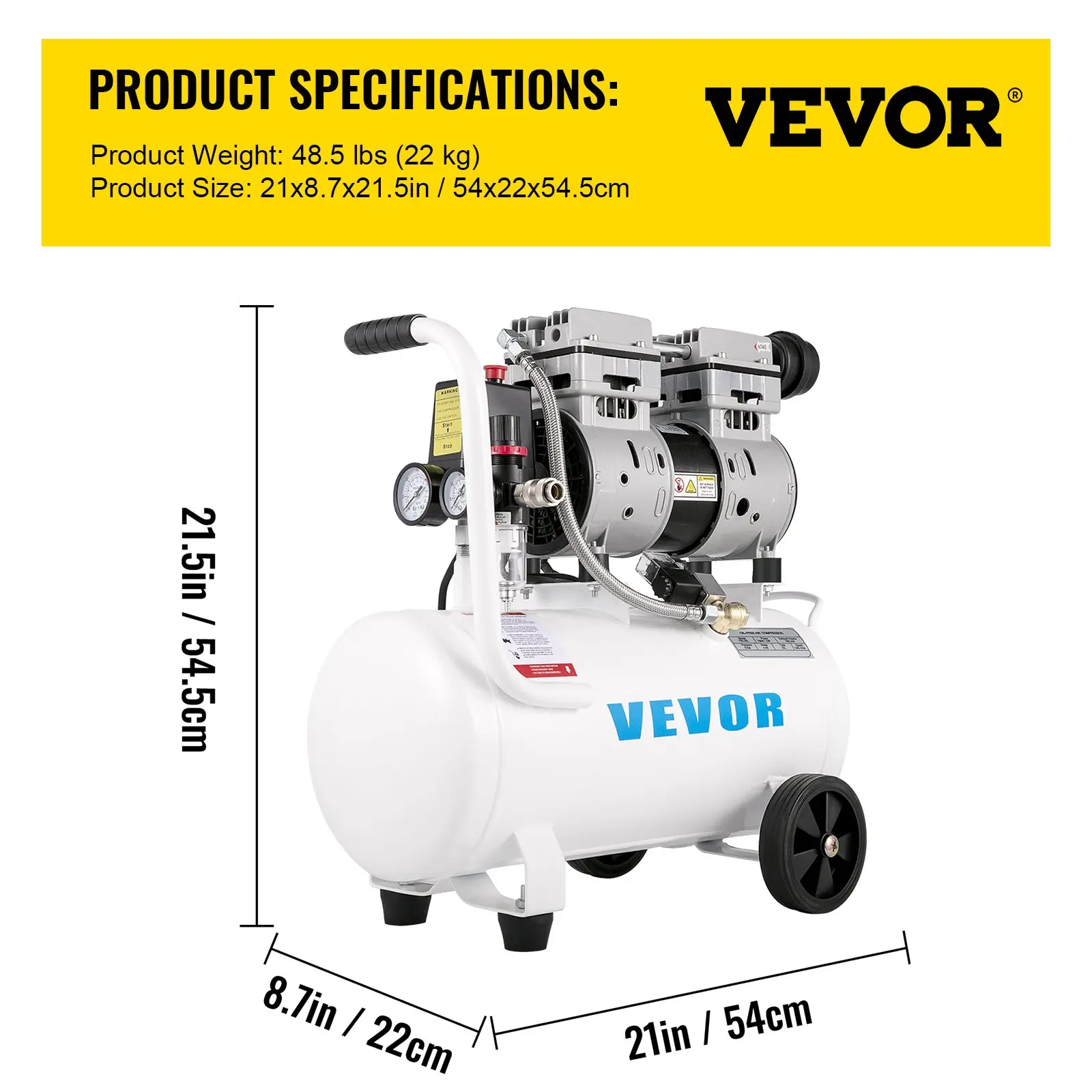 Compresor de aire VEVOR de 13 galones, 2 HP, 4.6 SCFM a 90 PSI, sin aceite, ultra silencioso (66 dB) para inflado de neumáticos, reparación de automóviles, clavado en carpintería y pintura con pistola (presión máx. de 125 PSI)