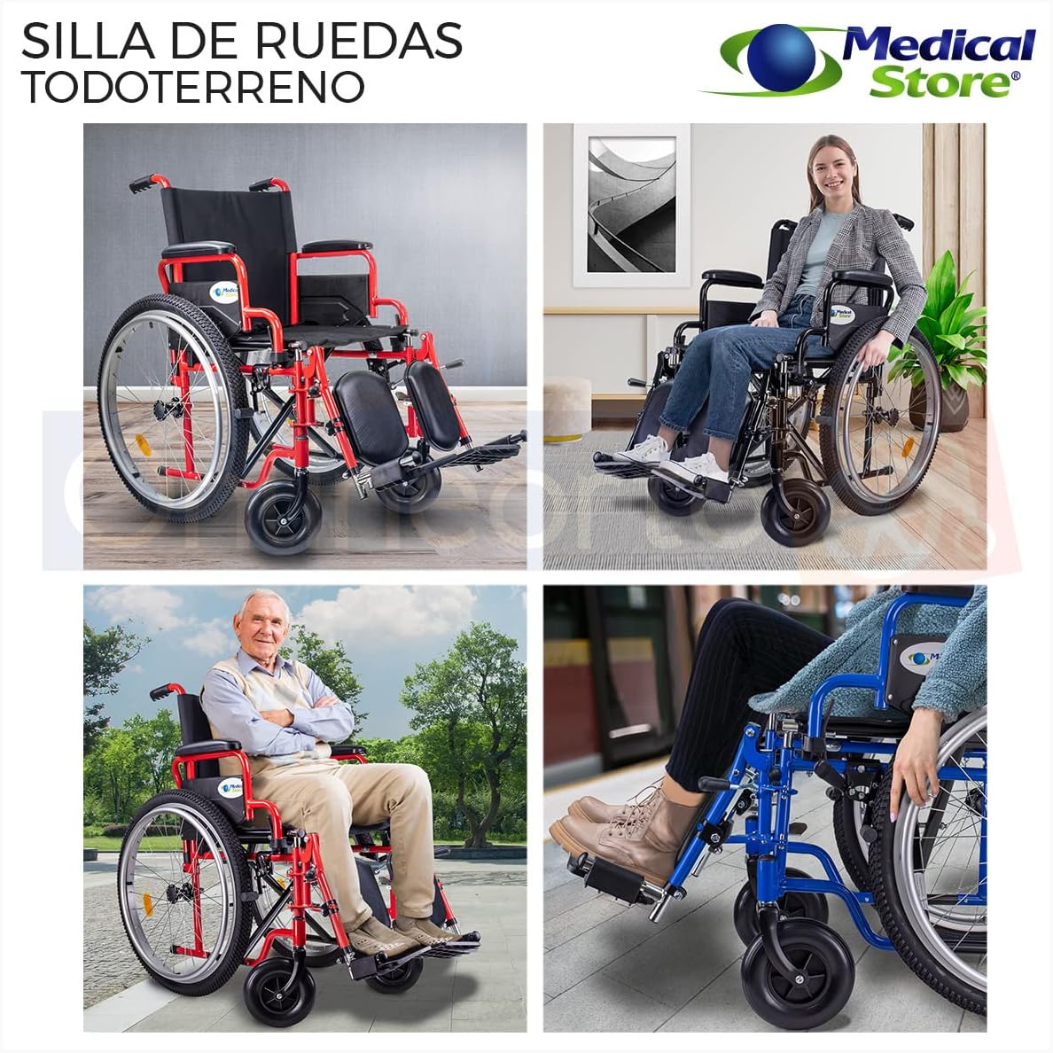 Medical Store Silla de Ruedas TODO TERRENO de Lujo, Modelo 101, Acero Resistente, Con Eleva piernas Desmontables y Descansabrazos Abatibles Color Rojo.…