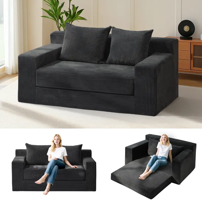 Sofá Cama Convertible 3 en 1 Winzoo Modelo de Suelo: Sillón Extragrande, Sofá 2 Plazas, Chaise Longue Plegable Futón, Incluye 4 Cojines para Sala