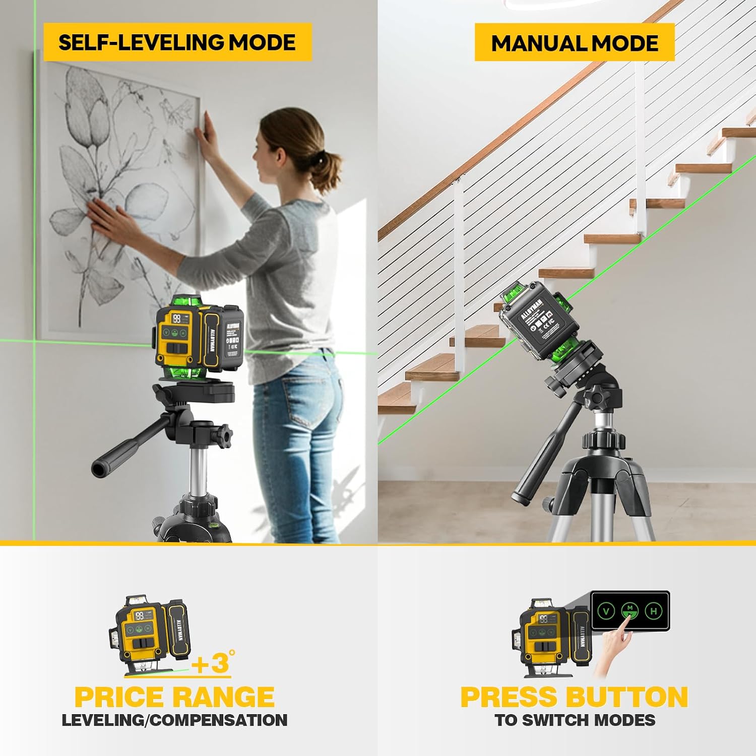 📐🎁Nivel Láser Alloyman 4D 16 Líneas Verdes, Autonivelante 4x360°, Incluye Trípode y 2 Baterías de Litio, para Azulejos, Colgar Cuadros y Reformas de Interiores, Excelente Regalo para Navidad y Año Nuevo