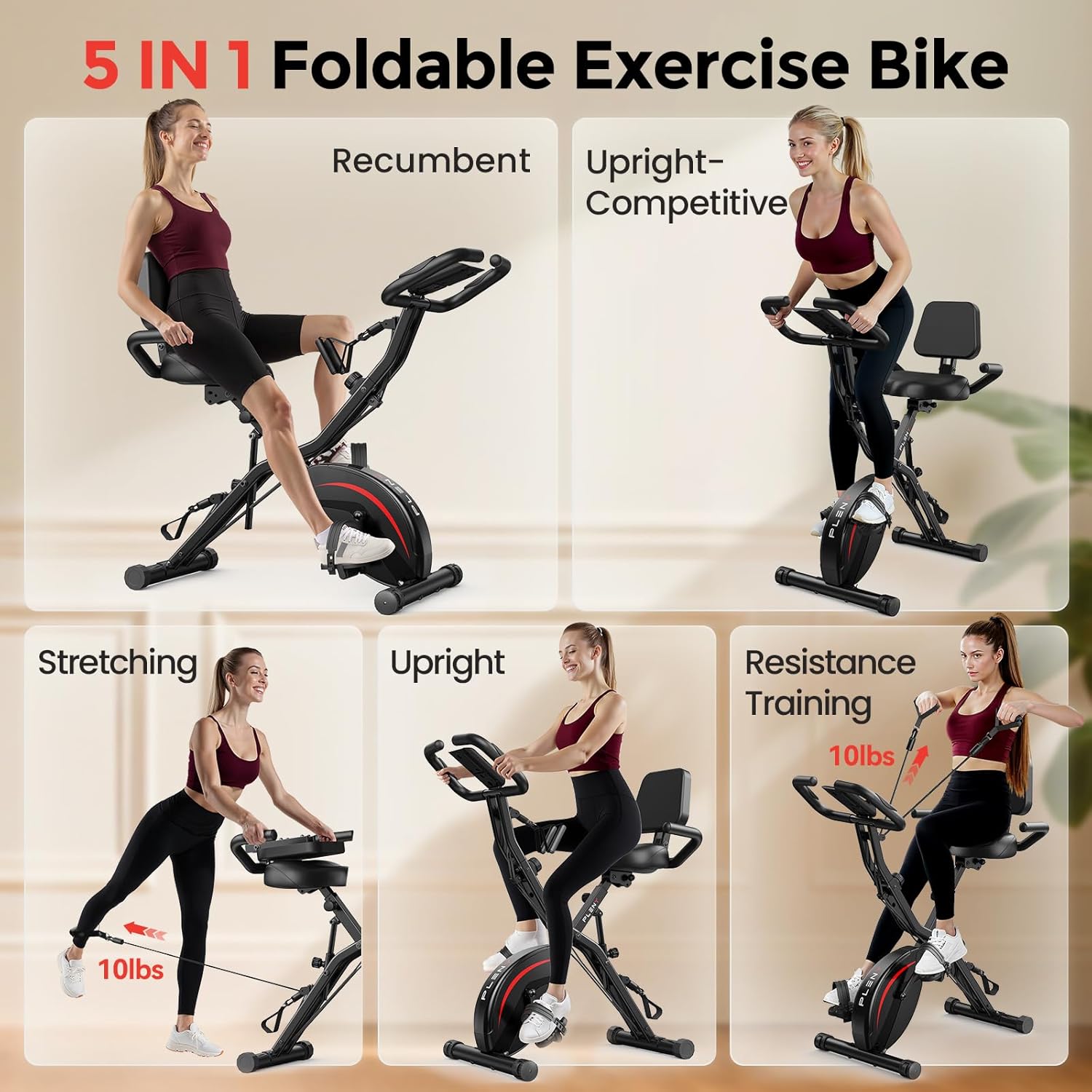 Pleny Folding Exercise Bike, 5 IN 1 Stationary Bike 5.5 LBS Flywheel Exercise Bike, Indoor Workout Bike 330LB Weight Capacity Back Support Cushion for Home Gym Workout