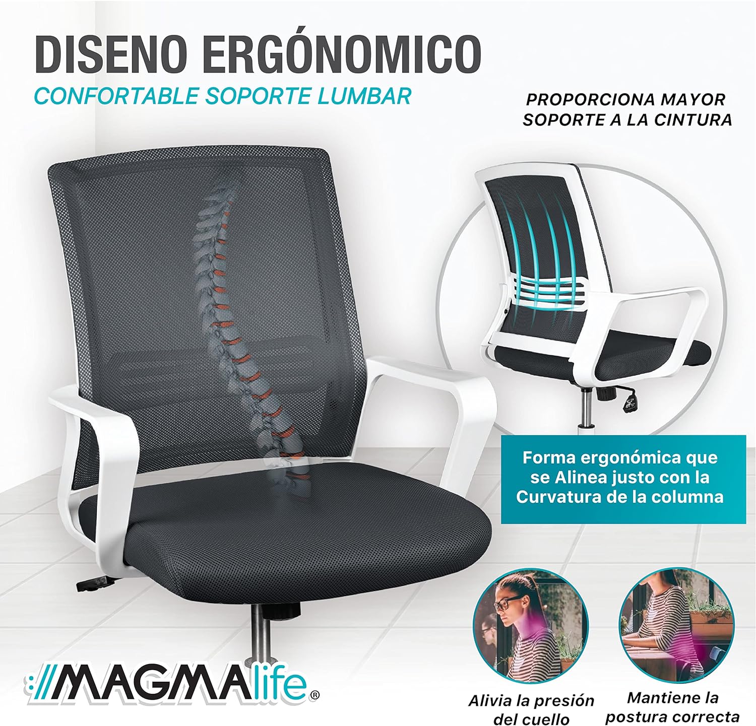 MAGMALIFE Silla Ergonómica de Escritorio con Respaldo de Malla Transpirable, Moderna y Elegante, Silla Giratoria con Soporte Lumbar y Cómodos Descansabrazos (Azul Cerúleo)