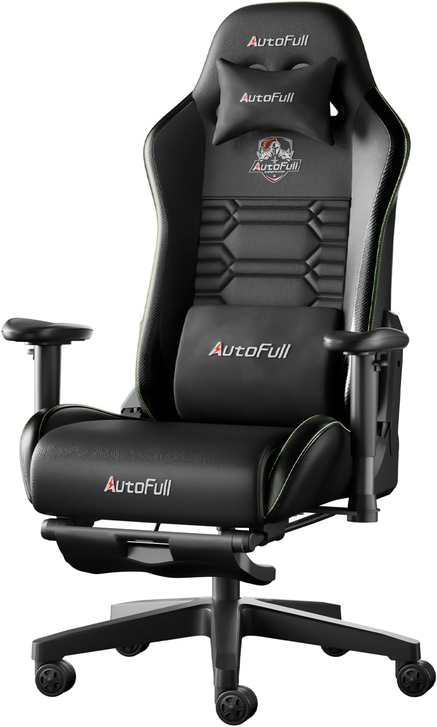 AutoFull C3 Silla Gaming, Silla de Carreras con Soporte Lumbar Ergonómico, Respaldo Alto Ajustable y Reposapiés en Cuero PU para Computadora,Negro