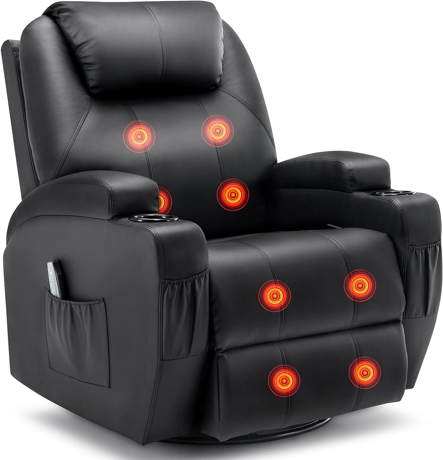 Korser Silla reclinable con masaje y calor, sillas reclinables giratorias de 360° para adultos, reclinables manuales con control remoto y soporte para tazas para sala de estar, recámara, guardería