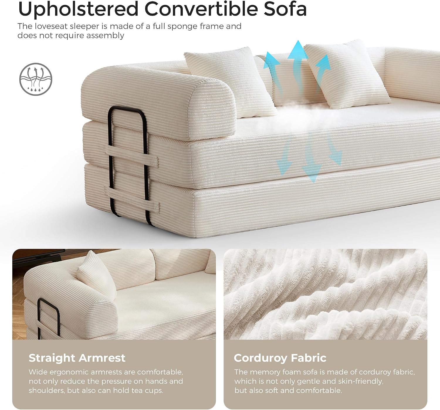🛋️ Sofá Cama Convertible 79 Pulgadas, Diseño Deshuesado, Mueble Multifuncional para Sala de Estar, Colores Beige y Blanco
