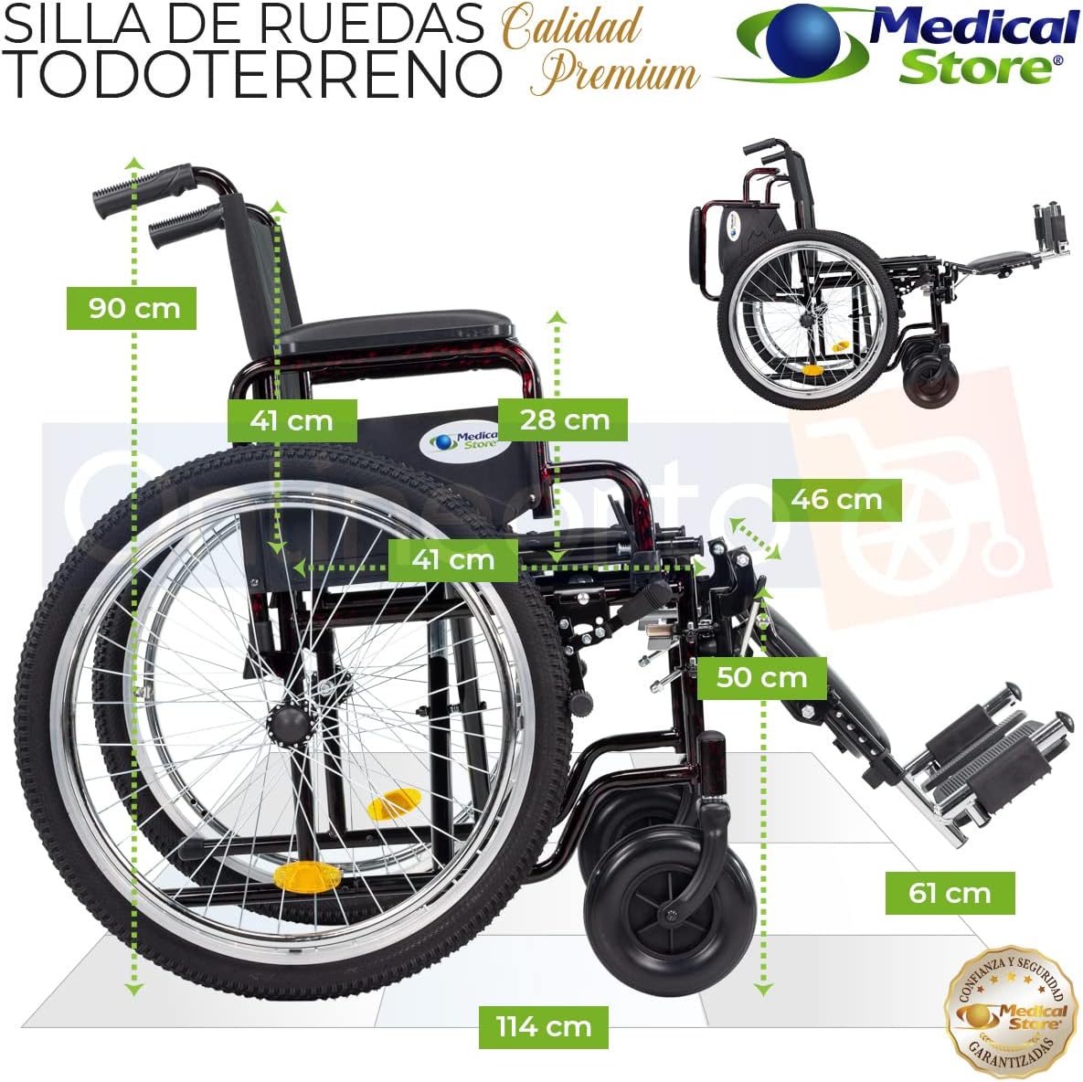 Medical Store Silla de Ruedas TODO TERRENO de Lujo, Modelo 101, Acero Resistente, Con Eleva piernas Desmontables y Descansabrazos Abatibles Color Rojo.…
