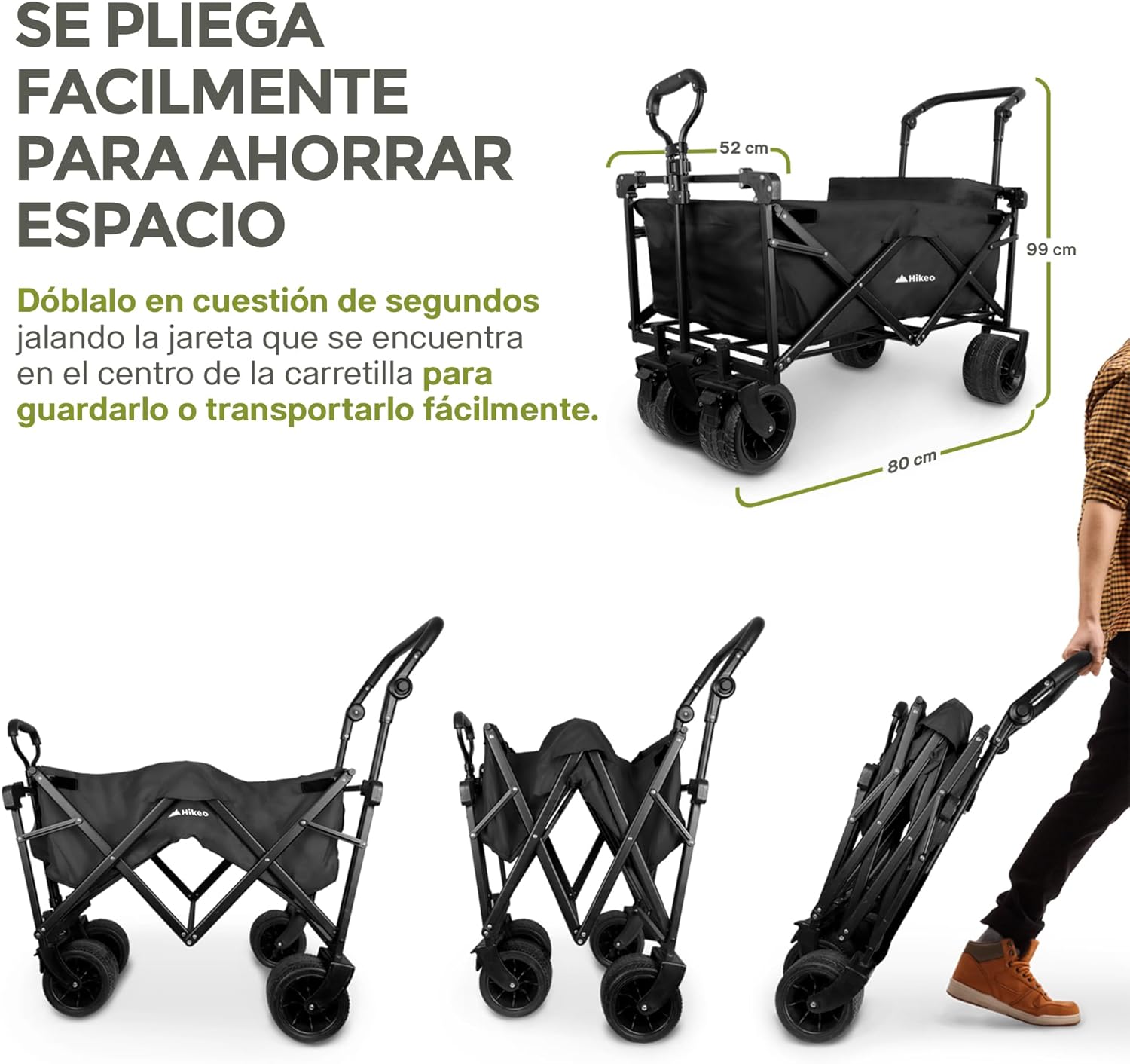 Hikeo Carrito Plegable Portátil y Carriola para Exteriores hasta 70 Kg, Ruedas 360° Todo Terreno con Freno, Incluye Toldo y Cesta de Tela, para Niños y Mascotas, Carretilla Wagon Vagón con Funda