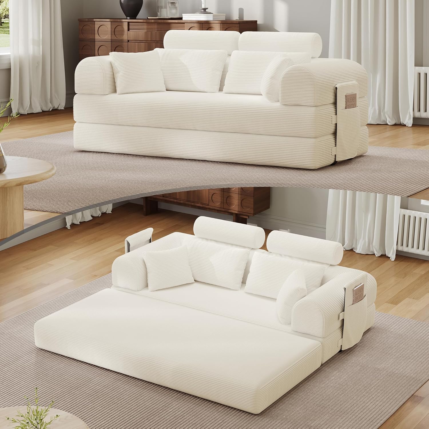 🛋️ Sofá Cama Convertible 79 Pulgadas, Diseño Deshuesado, Mueble Multifuncional para Sala de Estar, Colores Beige y Blanco