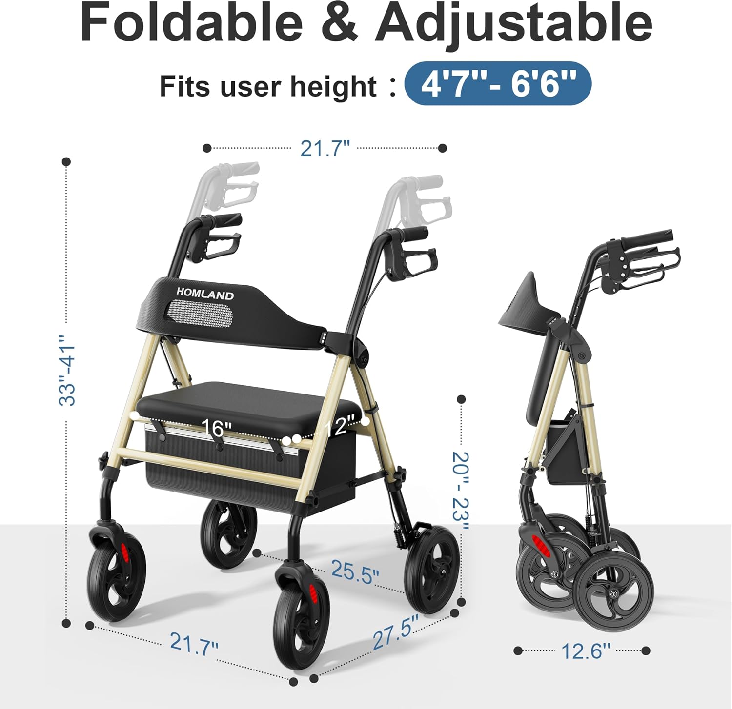 HOMLAND - Caminadores plegables con asiento para personas mayores, ruedas grandes de 8 pulgadas, 350 libras. Capacidad de peso, asas ajustables y altura del asiento, ligero caminante, color azul