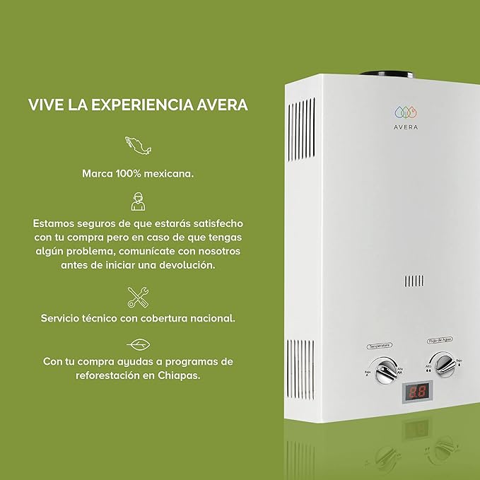 AVERA Calentador de Agua Instantaneo para 1 Regadera GAS LP, Perillas Reguladoras, (Ahorra Hasta 80% de Gas y Disfruta de Agua Caliente al Instante), Boiler de Paso, Capacidad 6 Litros/Minuto, C6L