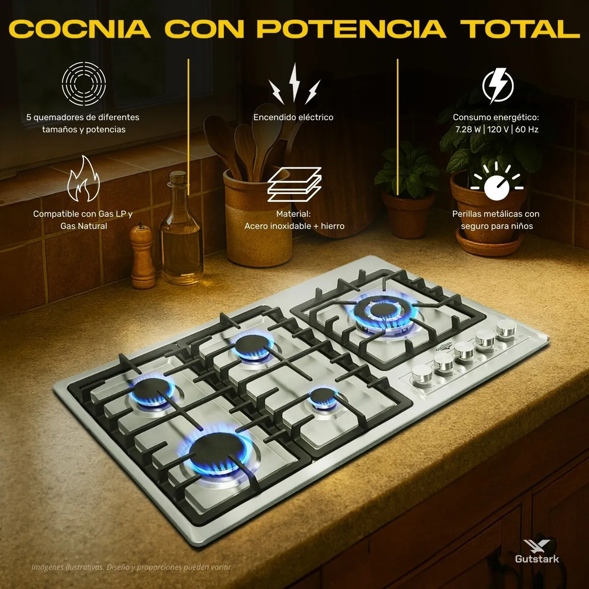 Parrilla Estufa con alimentación a gas - Gutstark mkz-parrillain5 color plata/negro - 5 hornallas