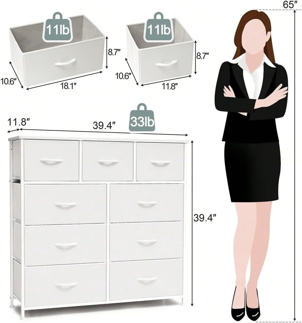 BRO A SIS Cómoda Alta de 9 Cajones para Recámara y Closet, Mueble Organizador de Ropa y Juguetero para Bebé, Cajonera de Tela con Estante de Madera, Torre de Almacenamiento Vertical (Blanco)