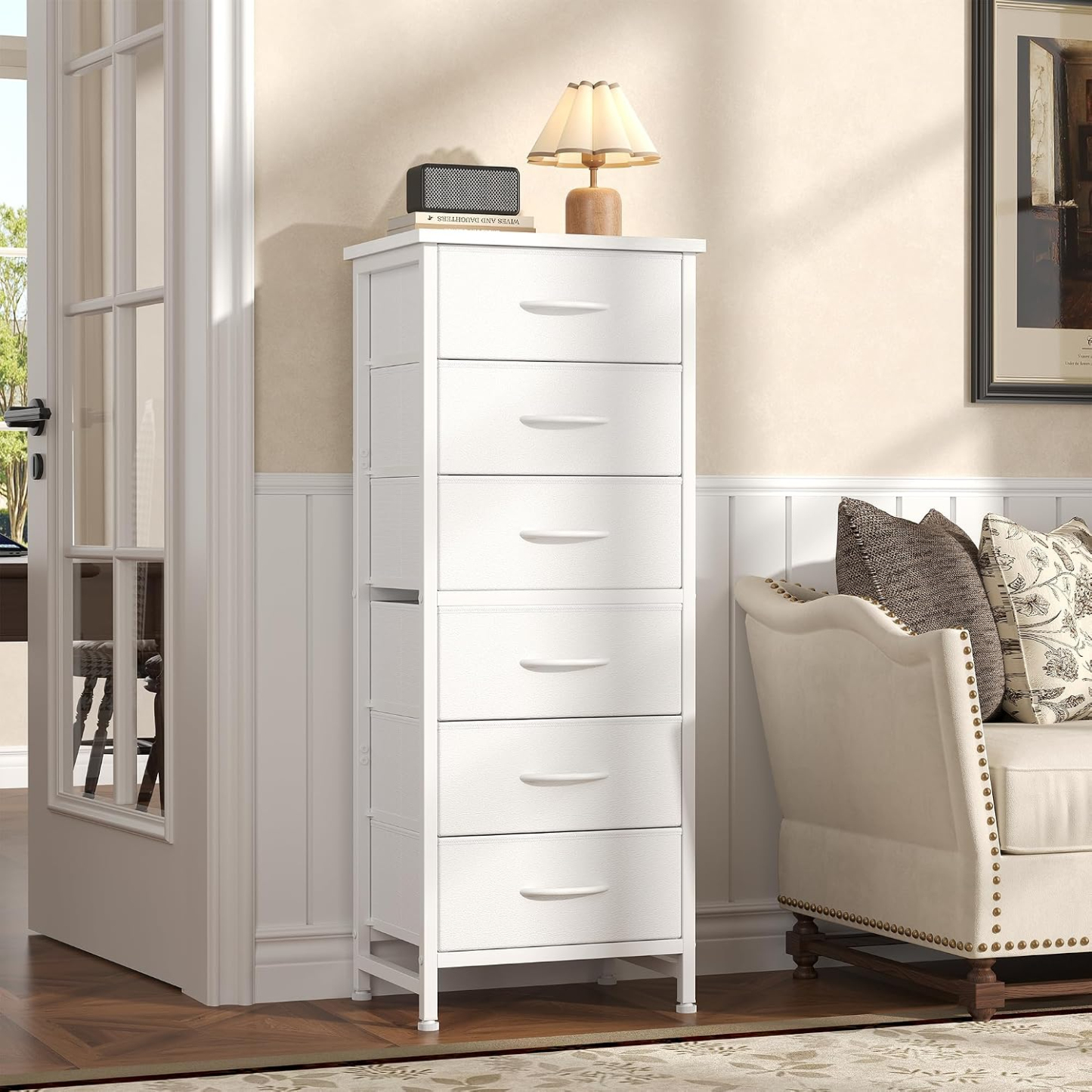 Sweetcrispy - Cómoda de Tela Alta para recámara, cómoda Delgada de 6 cajones, Torre de Almacenamiento Estrecha con Tapa de Madera y Marco de Metal, mesita de Noche Vertical para clóset, Muebles de