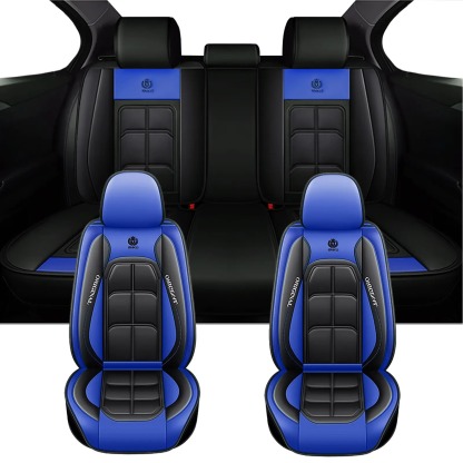 Fundas de asiento de cuero de lujo para automóvil (5 plazas) — Interfaz universal para airbag de seguridad — Impermeables, antideslizantes y fáciles de limpiar — Juego completo en color negro — Regalo ideal para el coche.