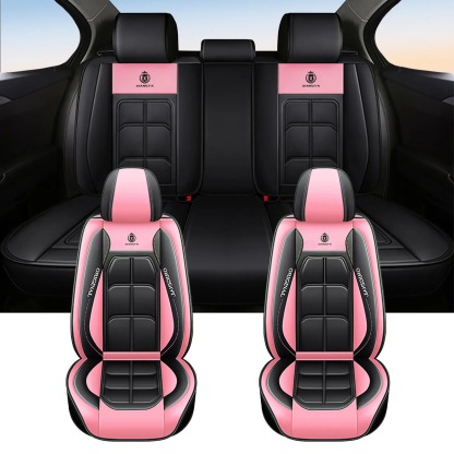 Fundas de asiento de cuero de lujo para automóvil (5 plazas) — Interfaz universal para airbag de seguridad — Impermeables, antideslizantes y fáciles de limpiar — Juego completo en color negro — Regalo ideal para el coche.