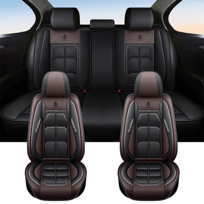 Fundas de asiento de cuero de lujo para automóvil (5 plazas) — Interfaz universal para airbag de seguridad — Impermeables, antideslizantes y fáciles de limpiar — Juego completo en color negro — Regalo ideal para el coche.