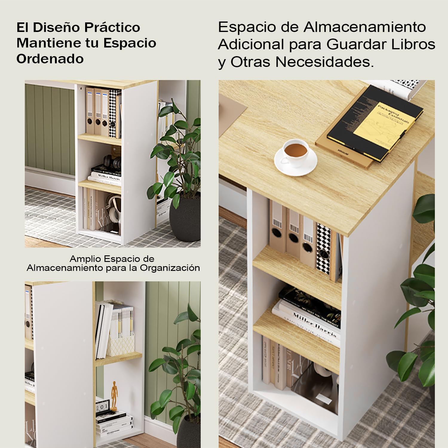 FurnitureR Escritorio para Computadora de Oficina con Almacenamiento Escritorio de Trabajo y Estudio con 5 Estantes Mesa Portátil para Estudiantes Escritorio de Escritura Moderno Haya y Blanco-Bolígrafo de carbono metálico, bolígrafo de firma negro.