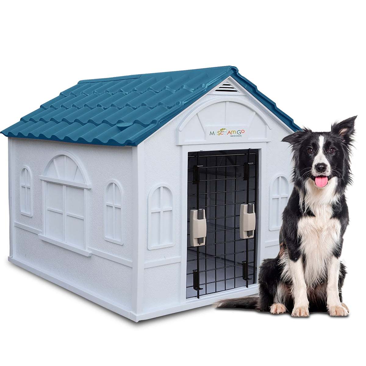 Casa para Perro Grande MascoAmigo con Puerta Metálica-Térmica- de plástico 98x82x84 cm Azul