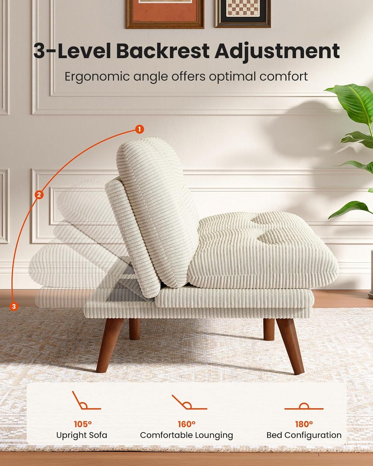 AMADA Sofá Cama Futón Convertible de 66", Juego de Futón Plegable de Pana con Respaldo y Reposabrazos Ajustables, Sillón Reclinable para Sala de Estar, Departamento u Oficina, Marco de Madera Sólida