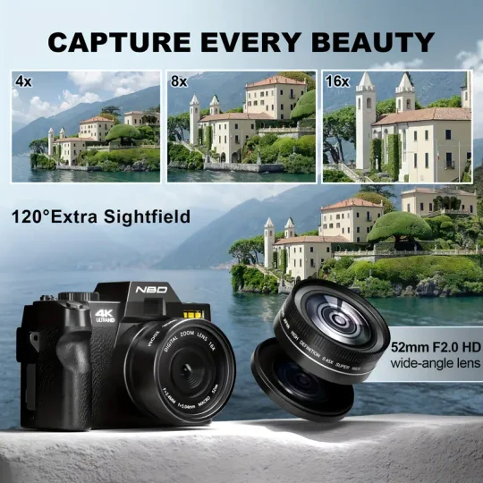 Cámaras digitales NBD S100 Pro para fotografía y vídeo 4K, cámara Vlogging de 48 MP con pantalla abatible de 180°, zoom digital 16X, flash y enfoque automático, lente macro y gran angular de 52 mm, 2 baterías, tarjeta SD de 32 GB
