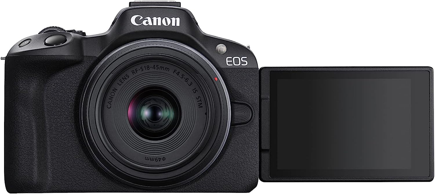 Canon EOS R50 Cámara de vlogging sin Espejo (Negro) con RF-S18-45mm F4.5-6.3 es Lente STM, 24.2 MP, Video 4K, detección y Seguimiento de Temas, Compacto, conexión de Smartphone, creador de Contenido