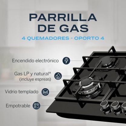 Parrilla De Gas Empotrable 4 Quemadores | Vidrio Templado | Gas LP Y Gas Natural | Encendido Electrónico | Estufa De Mesa | Parrilla De Inducción | Fácil Limpieza