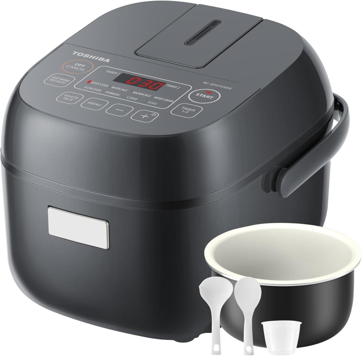 TOSHIBA Arrocera pequeña de 3 tazas sin cocinar, visualización LCD con 8 funciones de cocción: arroz, avena, frijoles mezclados y más, olla interior antiadherente, gris