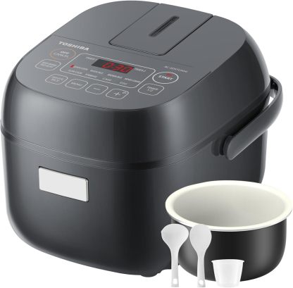 TOSHIBA Arrocera pequeña de 3 tazas sin cocinar, visualización LCD con 8 funciones de cocción: arroz, avena, frijoles mezclados y más, olla interior antiadherente, gris