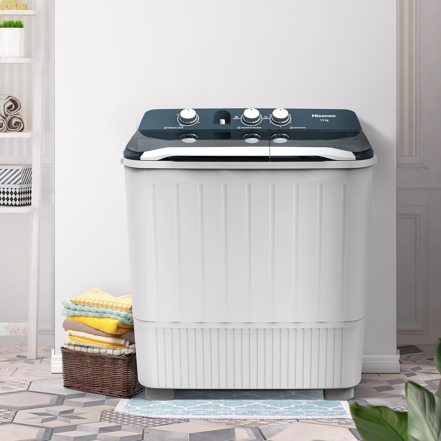 Hisense Lavadora doble tina WSA1604P, Semiautomática, 16 Kg, Temporizador de Lavado y Centrifugado, 88x52x99cm(AnchoxLargoxAlto), Blanco/Azul